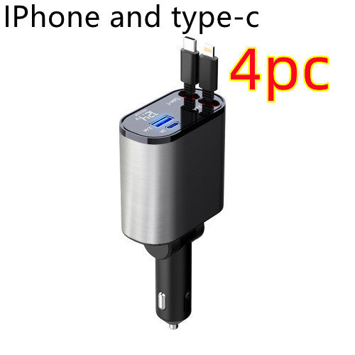 Four-in-One 120W fast car charger for iPhone and Galaxy. silver black car adapter with dual USB-C and Lightning cables