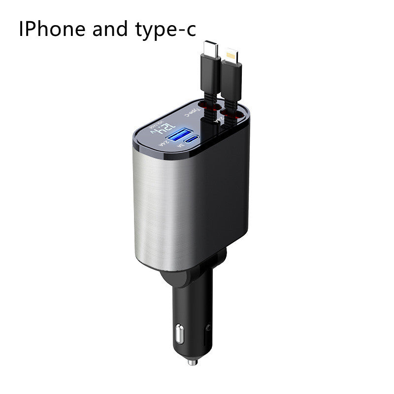Four-in-One 120W fast car charger for iPhone and Galaxy. Compact silver car adapter with LED display and dual ports