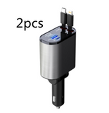 Four-in-One 120W fast car charger for iPhone and Galaxy. Metal dual-port car adapter with cables