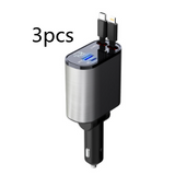 Four-in-One 120W fast car charger for iPhone and Galaxy. Stainless steel car charger with dual ports and LED display