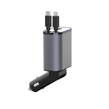 Four-in-One 120W fast car charger for iPhone and Galaxy. Compact swivel car adapter with built-in USB-C and Lightning cables