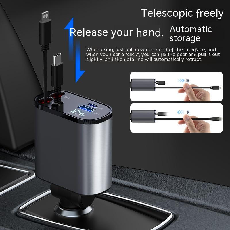 Four-in-One 120W fast car charger for iPhone and Galaxy. telescopic retractable dual USB and cable organizer in a car holder