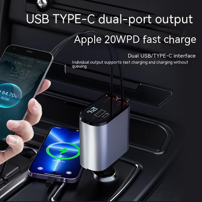 Four-in-One 120W fast car charger for iPhone and Galaxy. metal dual USB Type-C charger with LED display, charging two phones
