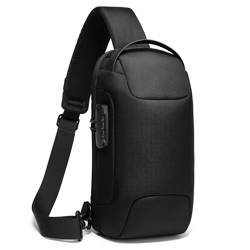 mens backpack sports car-style shoulder bag in black minimalist sling with padded strap and antitheft lock