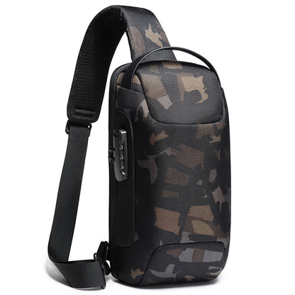 mens camo sling backpack with combination lock padded strap top handle sports car-style shoulder bag
