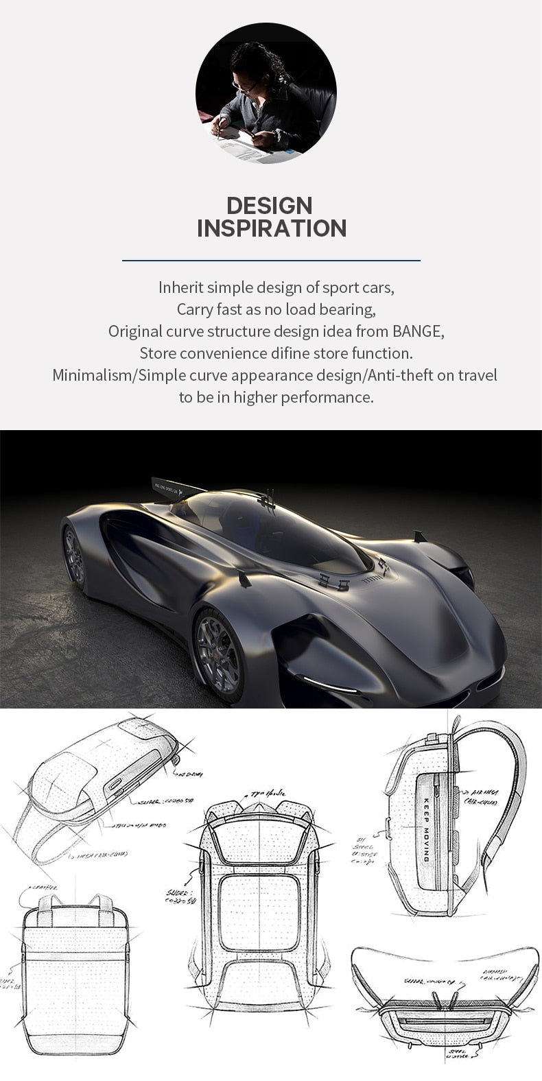 mens backpack inspired by a sleek sports car with design sketches and profile view sports car-style shoulder bag