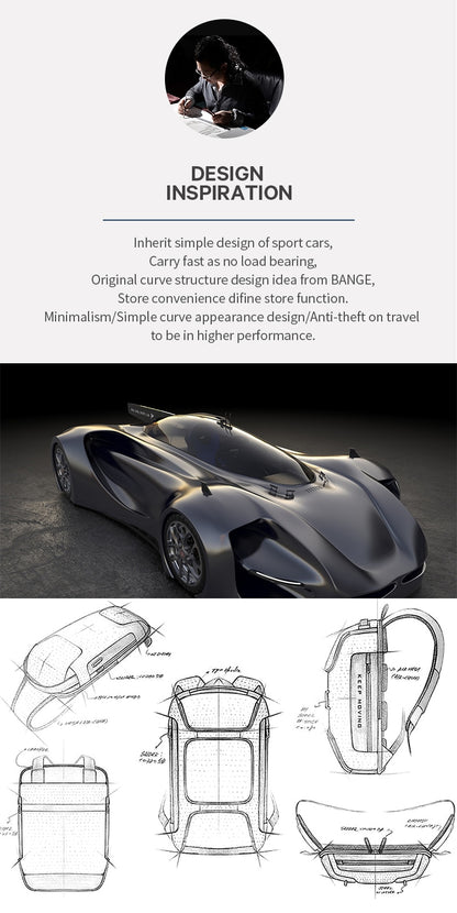 mens backpack inspired by a sleek sports car with design sketches and profile view sports car-style shoulder bag
