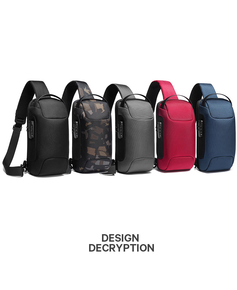 mens backpack lineup in black camo gray red and blue sports car-style shoulder bag compact sling design