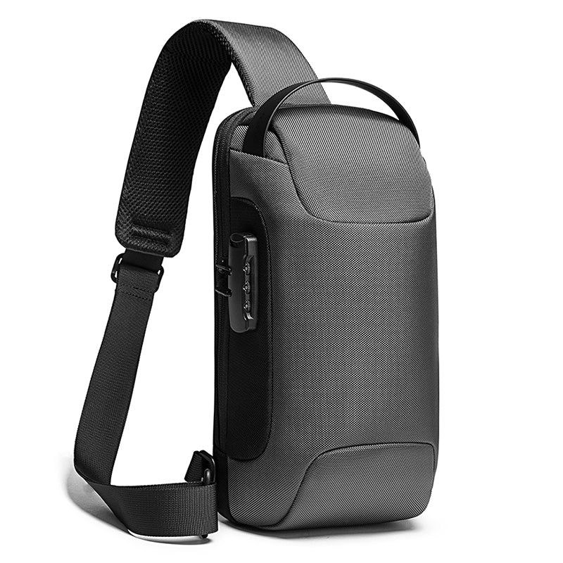 mens backpack sling in charcoal with padded strap and top handle anti theft lock sports car-style shoulder bag