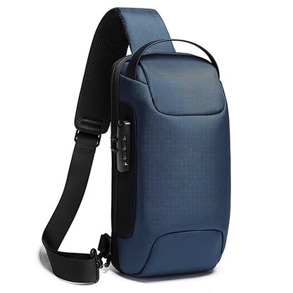 Blue CJD mens sling backpack sports car-style shoulder bag with anti theft lock and padded strap