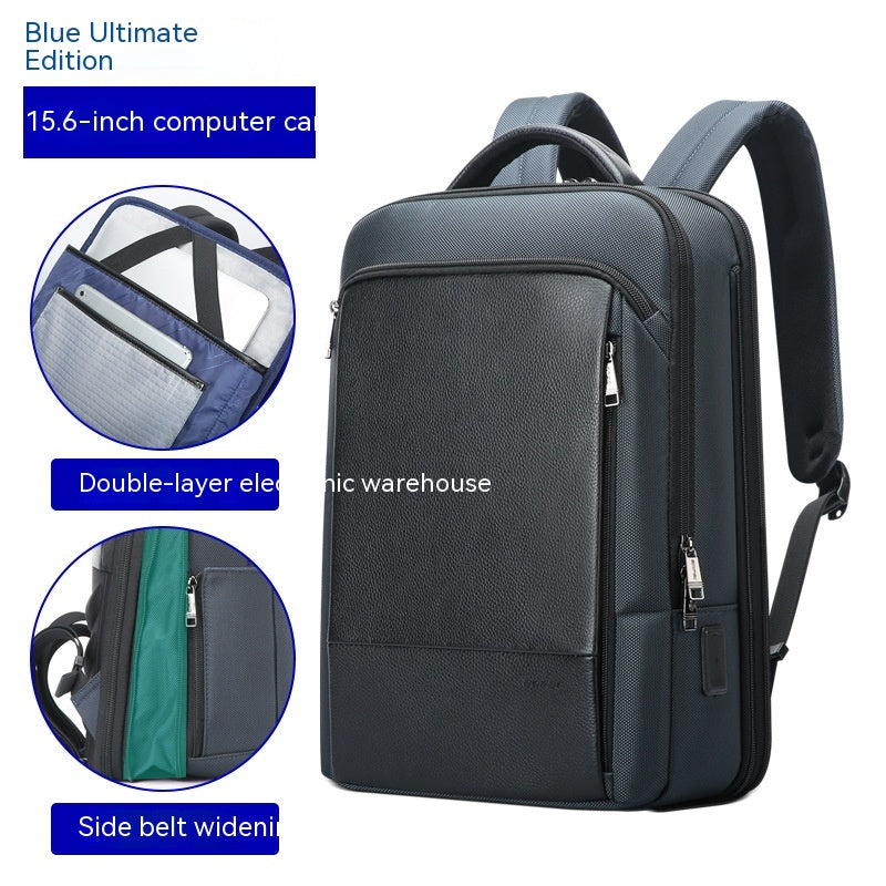 mens backpack in blue black with padded straps and laptop sleeve 15.6 inch waterproof backpack with USB ports