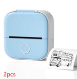 Bluetooth mini thermal label printer in light blue with a printed label beside it