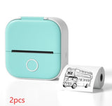 Bluetooth mini thermal label printer in teal color with printed label design