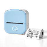 Bluetooth mini thermal label printer in blue with label printout of a bus