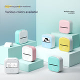Bluetooth mini thermal label printer in various colours on display with labels