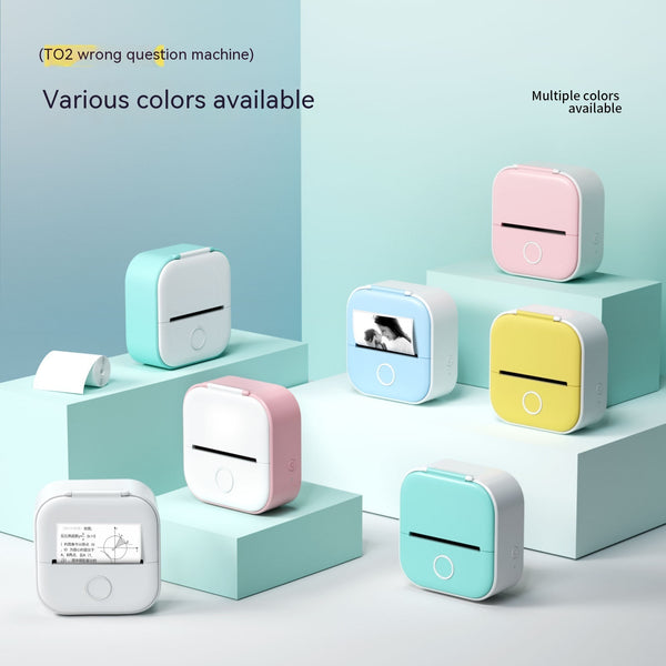 Bluetooth mini thermal label printer in various colours on display with labels