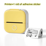 Bluetooth mini thermal label printer in yellow with a roll of adhesive sticker displaying a bus design