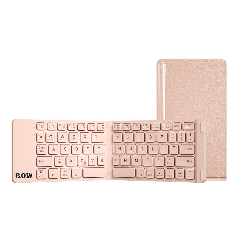 Compact folding Bluetooth keyboard and mouse in rose gold with a sleek, portable design for travel