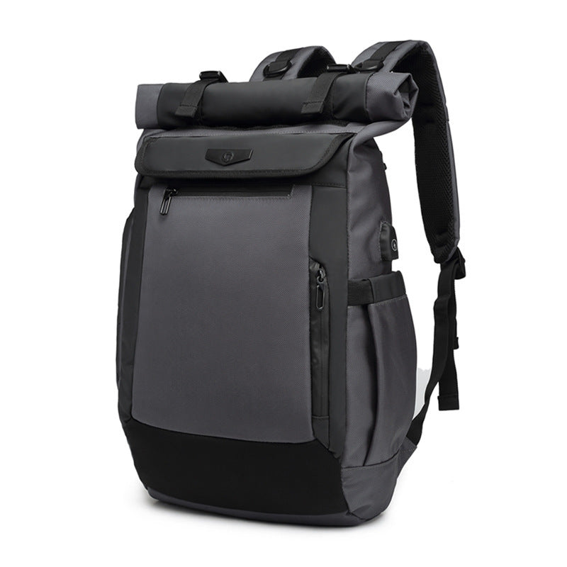 Business Travel Laptop Backpack in Grey with Roll-Top Design and Multiple Pockets