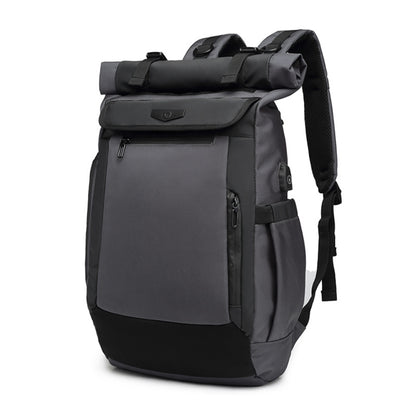 Business Travel Laptop Backpack in Grey with Roll-Top Design and Multiple Pockets