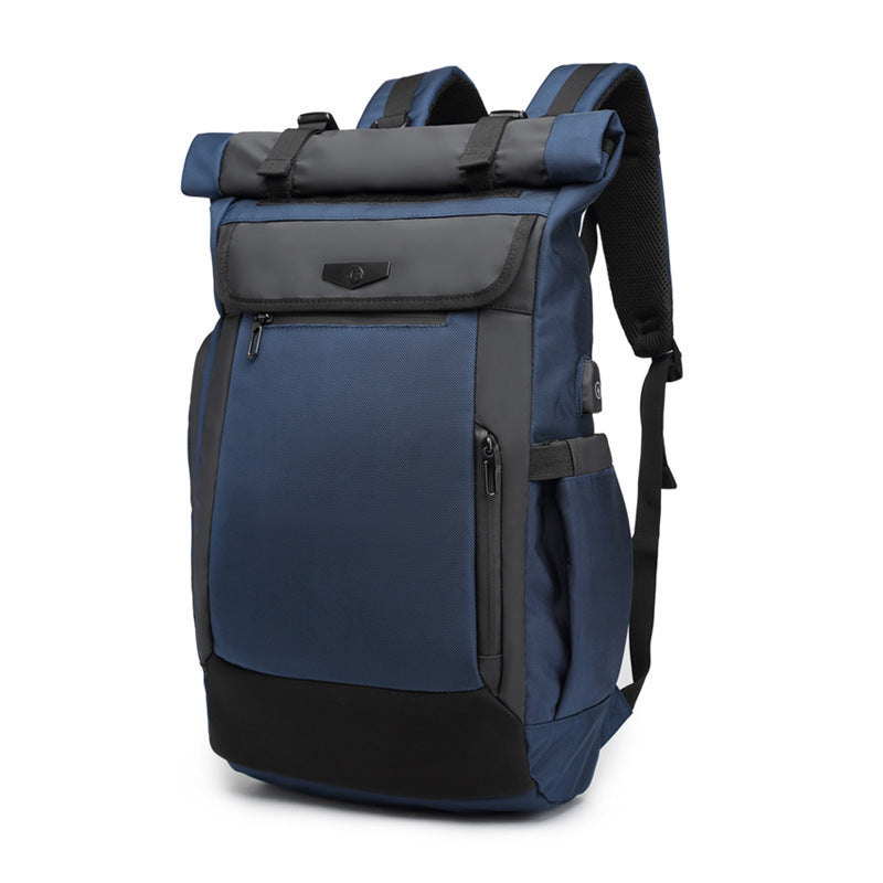 Business Travel Laptop Backpack in navy blue with roll-top design and multiple pockets