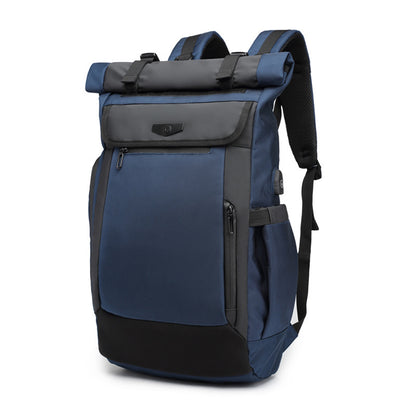 Business Travel Laptop Backpack in navy blue with roll-top design and multiple pockets