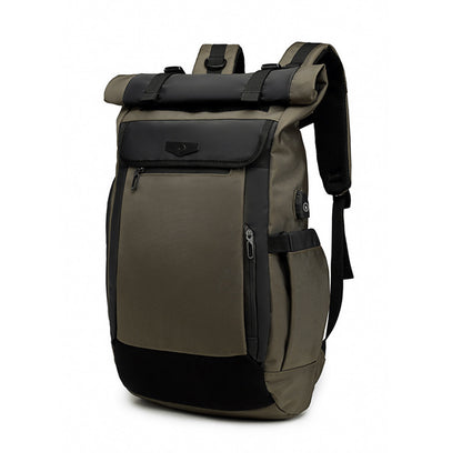 business travel laptop backpack with roll-top design and multiple compartments for organization