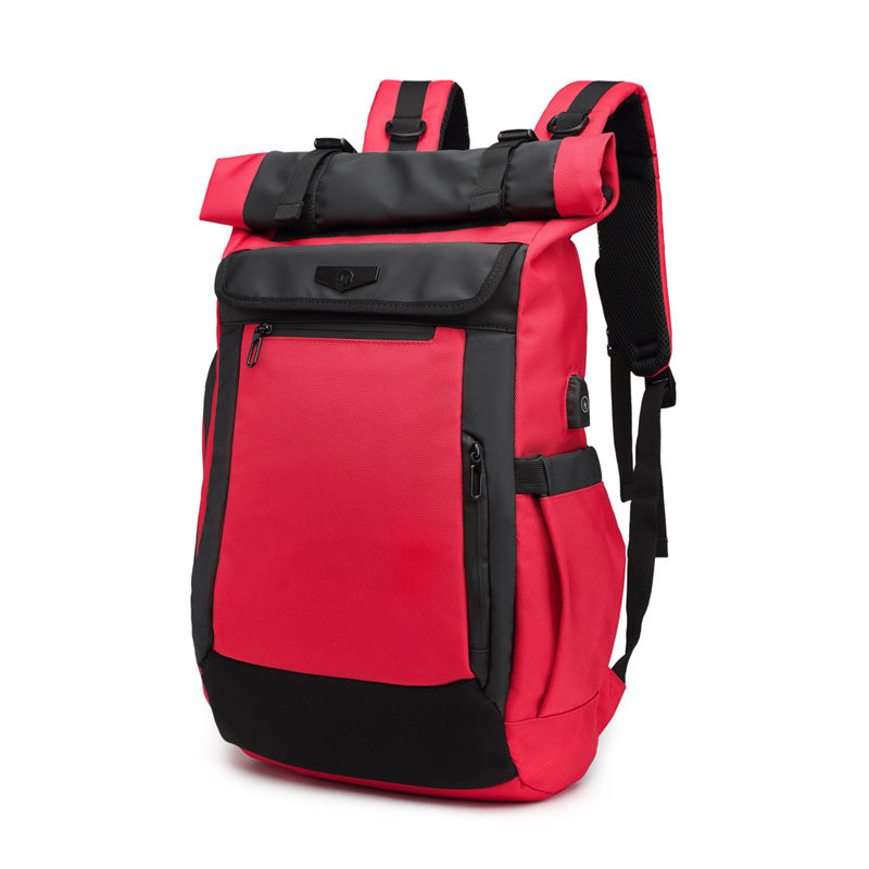 Red Business Travel Laptop Backpack with Roll-Top Design and Multiple Compartments