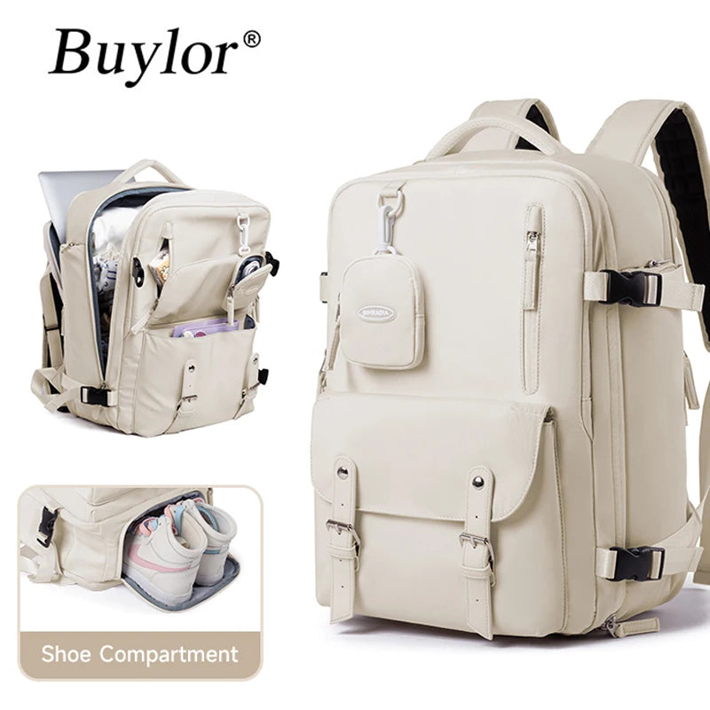 15.6-inch business travel backpack for women with a dedicated shoe compartment and organized storage