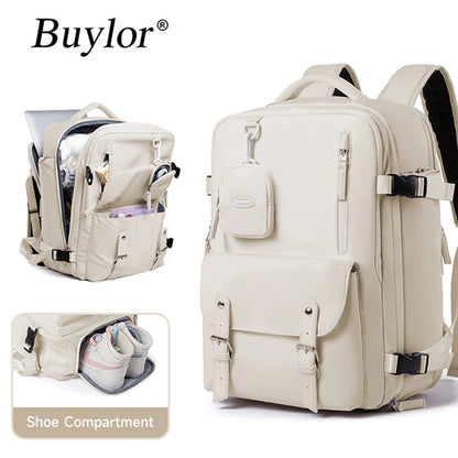 15.6-inch business travel backpack for women with a dedicated shoe compartment and organized storage