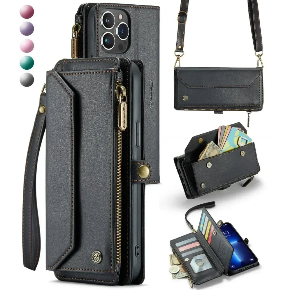 Stylish Dsers crossbody cardholder for iPhone 15 Pro Max with zippered pockets for cards and cash