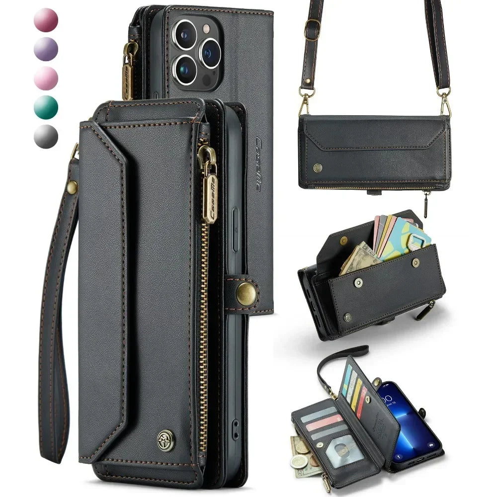 Stylish crossbody cardholder for iPhone 15 Pro Max, featuring a zipper, card slots, and shoulder strap.