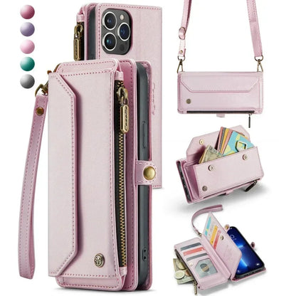 Stylish pink crossbody cardholder for iPhone 15 Pro Max with zipper and storage compartments for cards