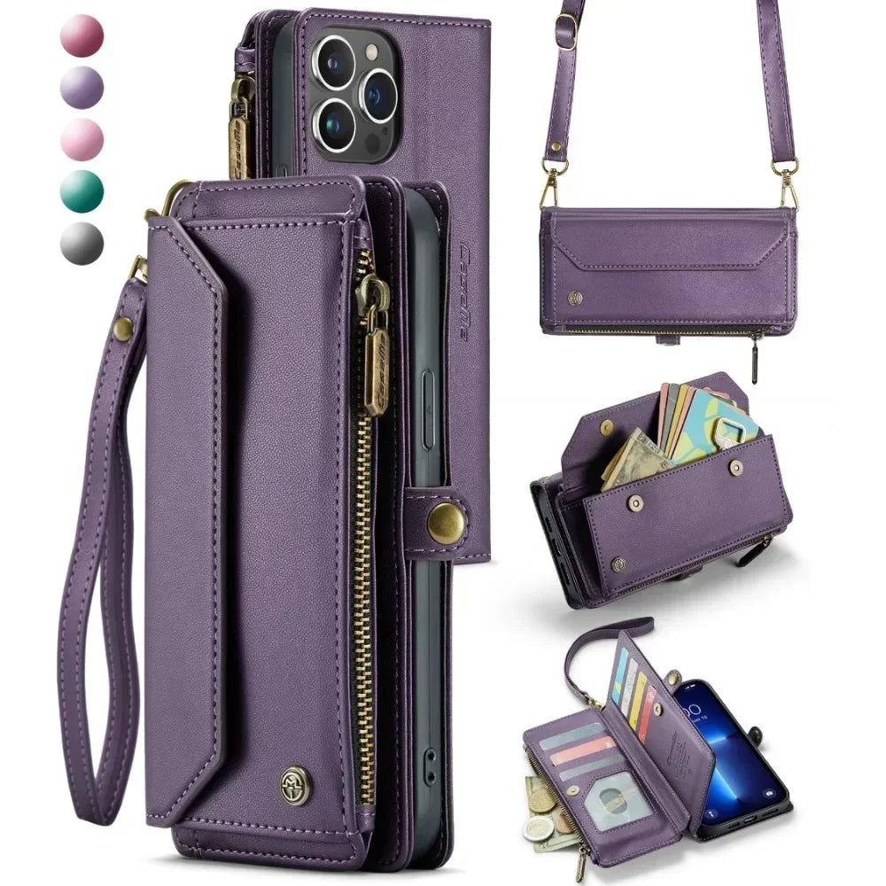 Purple crossbody cardholder for iPhone 15 Pro Max featuring multiple card slots and detachable shoulder strap