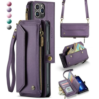 Purple crossbody cardholder for iPhone 15 Pro Max featuring multiple card slots and detachable shoulder strap
