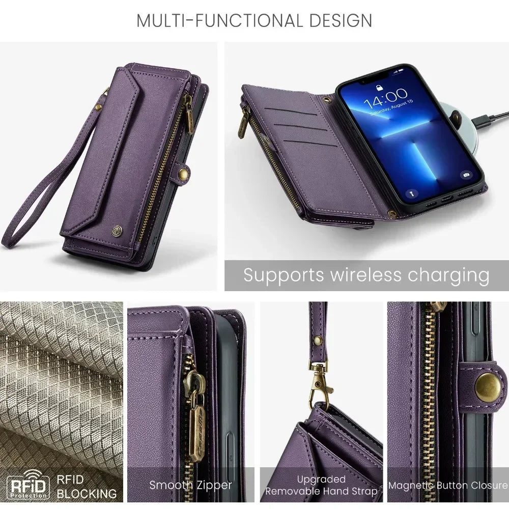 Purple crossbody cardholder for iPhone 15 Pro Max with RFID blocking and wireless charging support