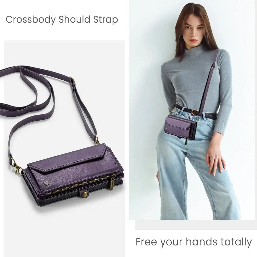 Stylish crossbody cardholder for iPhone 15 Pro Max with adjustable strap in purple color