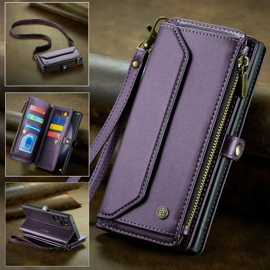 Purple Dsers crossbody cardholder for iPhone 15 Pro Max with multiple card slots and wrist strap