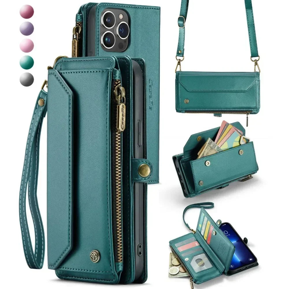 Teal Dsers crossbody cardholder for iPhone 15 Pro Max with adjustable strap and multiple card slots