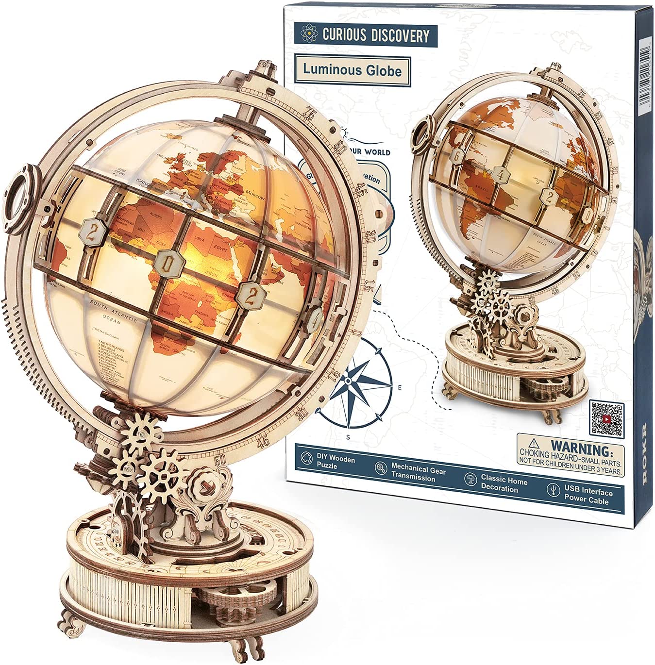3D wooden globe model kit luminous mechanical gear toy with classic home decoration design