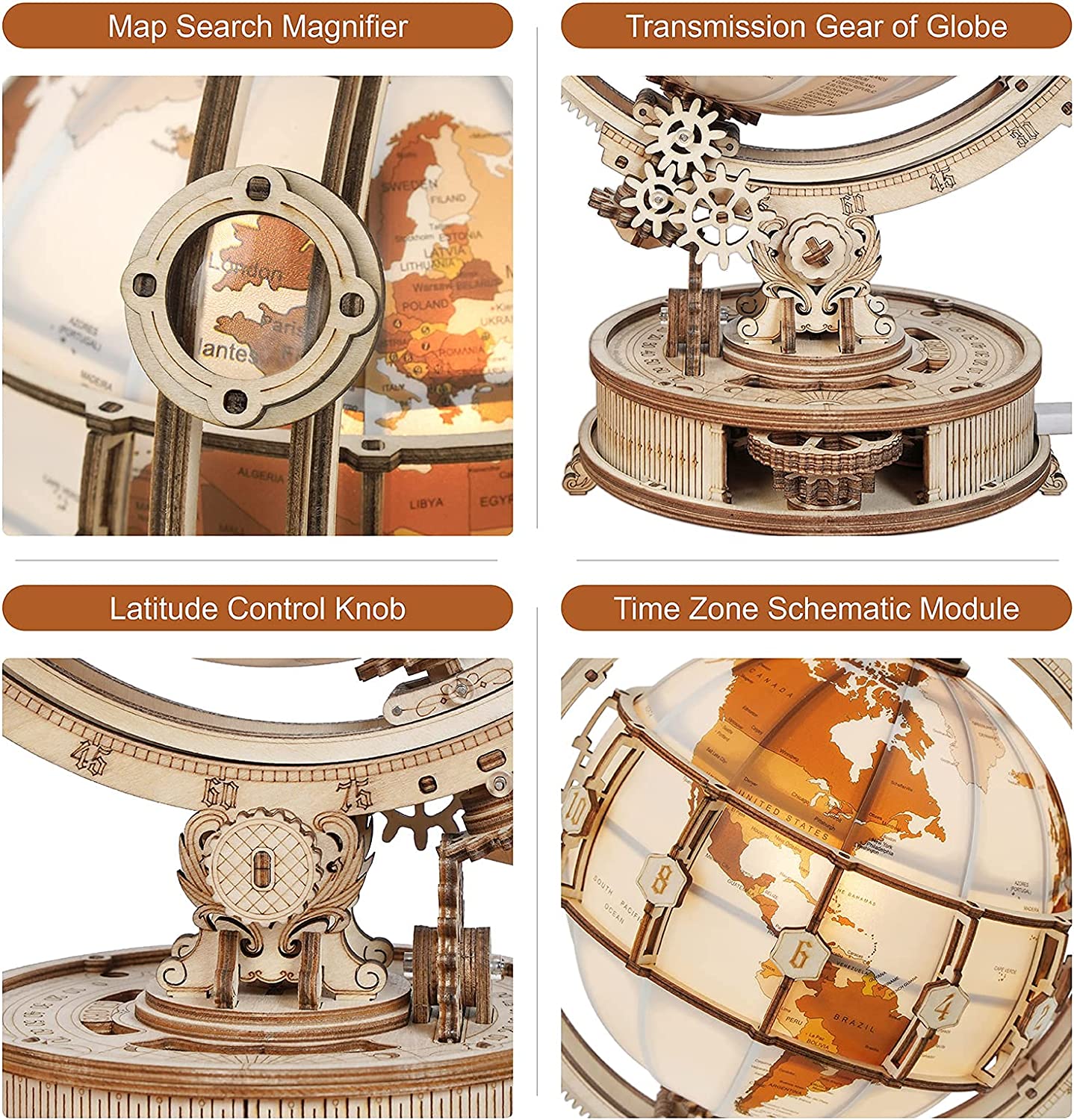 Detailed close-ups of CJD 3D wooden globe model kit showing map search magnifier gears latitude control knob and time zone module