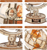 Detailed close-ups of CJD 3D wooden globe model kit showing map search magnifier gears latitude control knob and time zone module