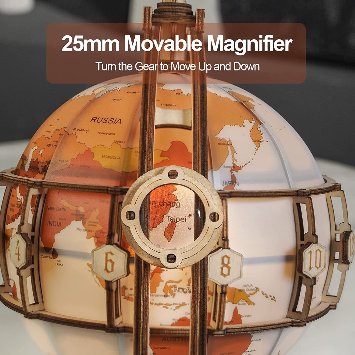 3D wooden globe model kit with 25mm movable magnifier and numbered dial pieces