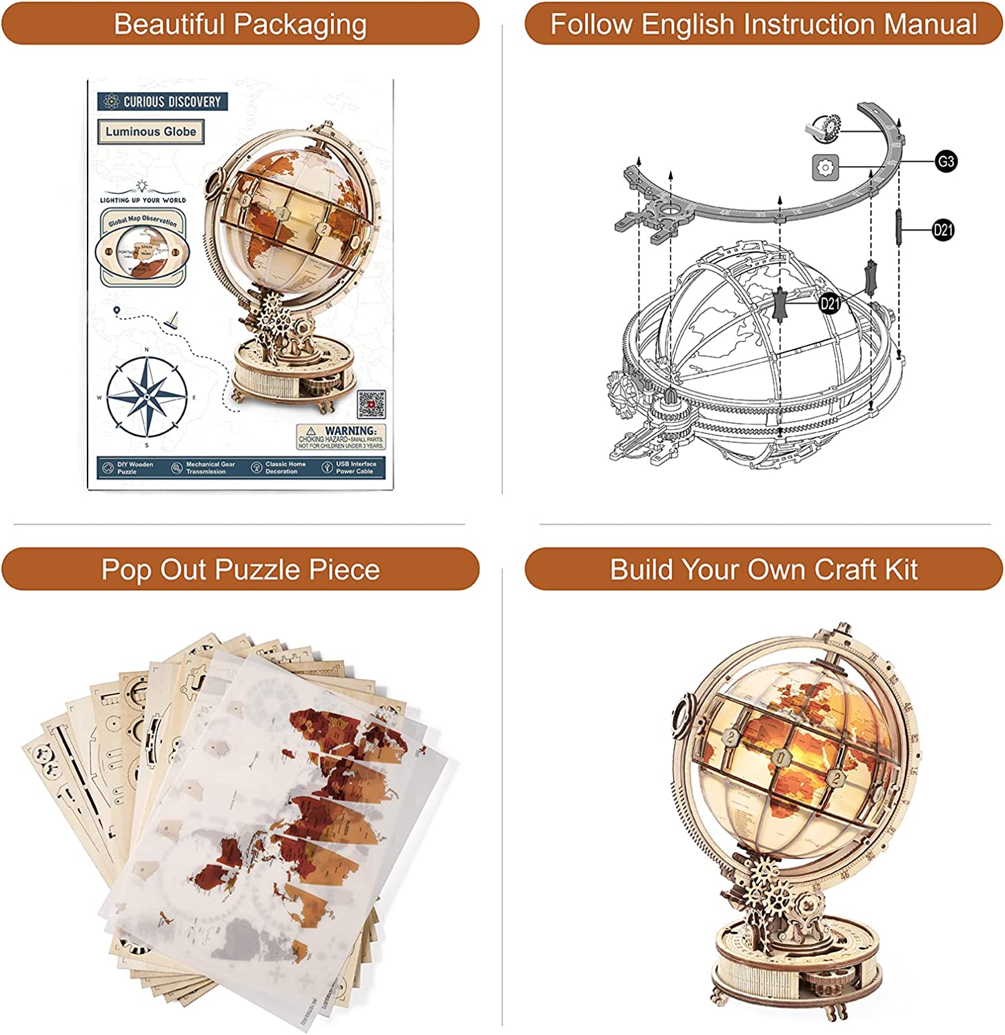 3D wooden globe model kit showing packaging, instruction manual, puzzle pieces, and assembled globe toy