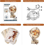 3D wooden globe model kit showing packaging, instruction manual, puzzle pieces, and assembled globe toy