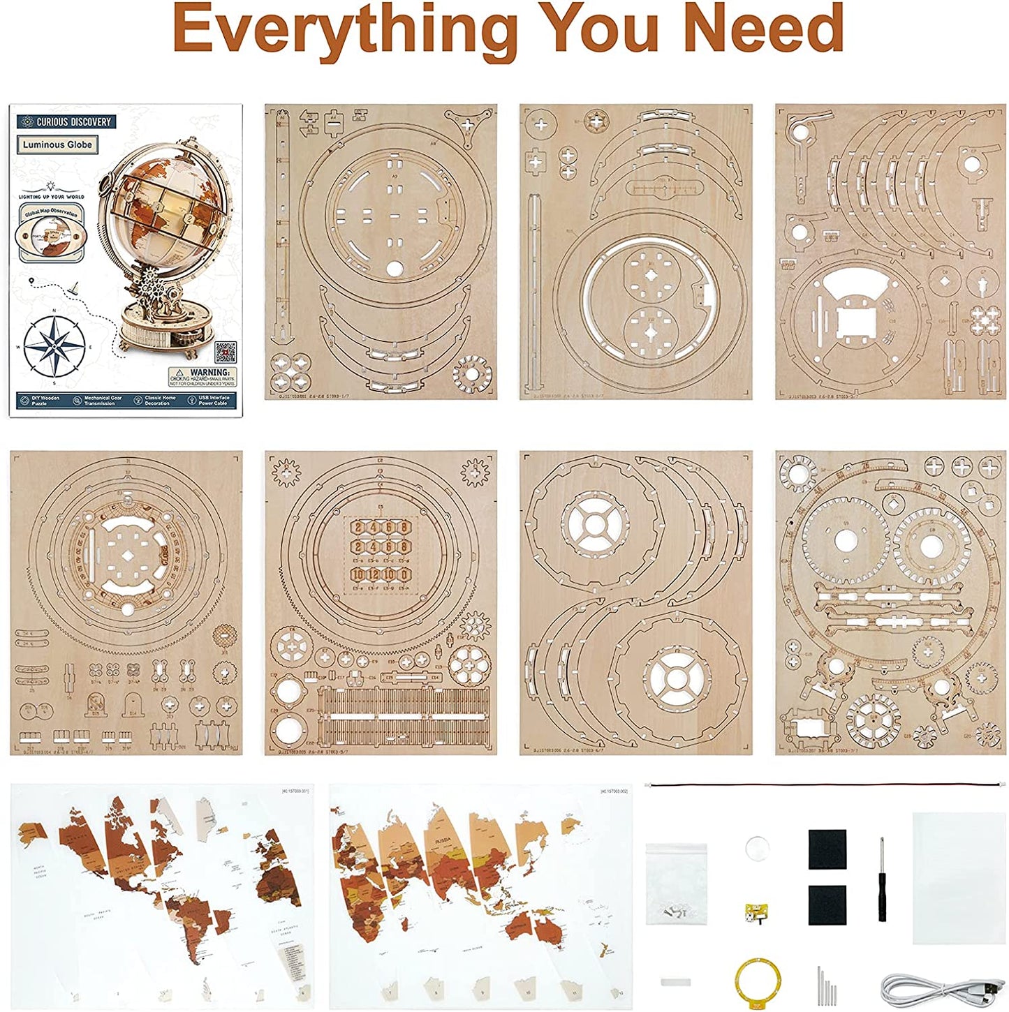 3D wooden globe model kit with wooden panels, world map pieces, and assembly tools included