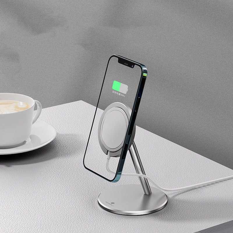 desktop wireless charger with sleek design supporting upright phone charging on a modern desk