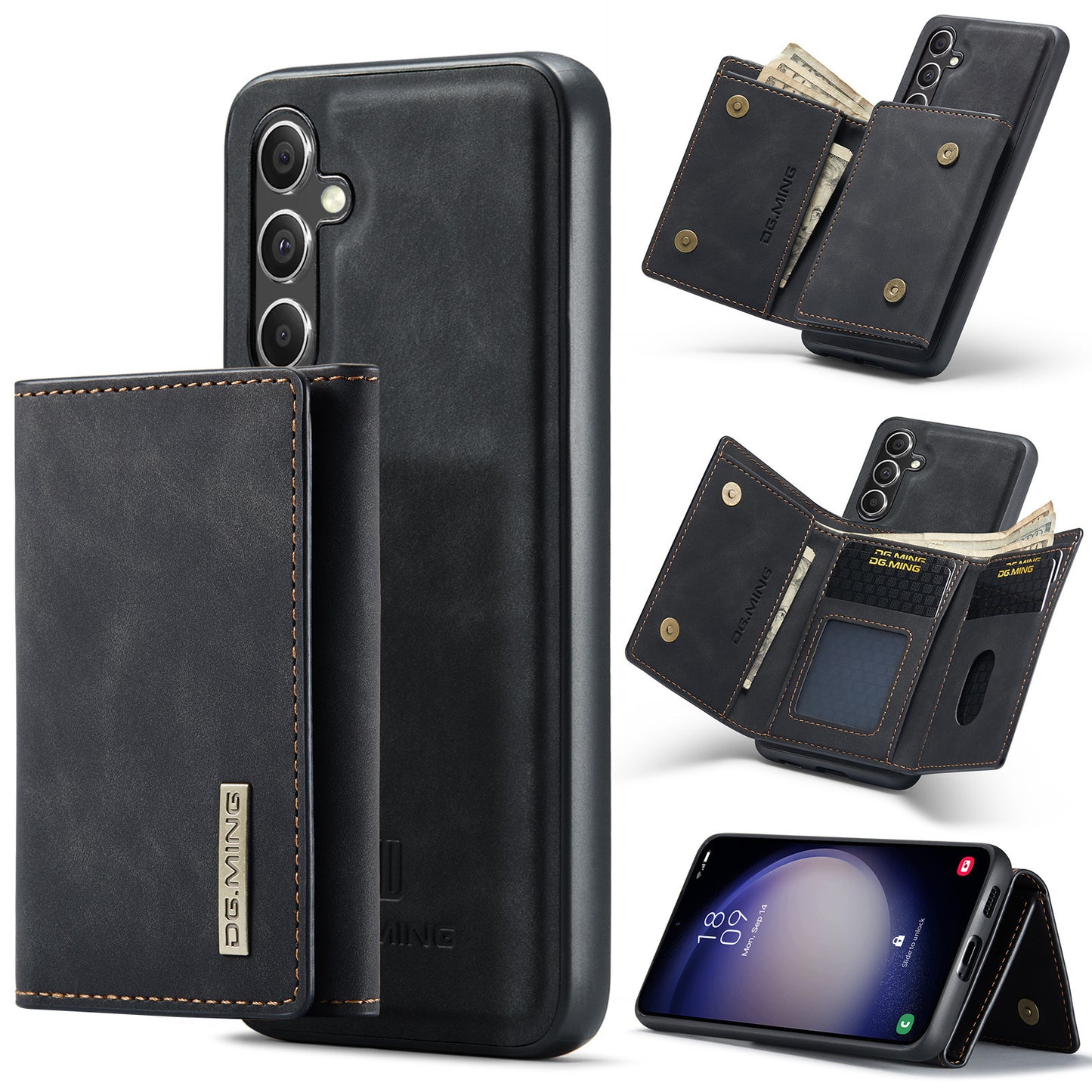 Split wallet phone case for multiple brands in black leather with card slots and a cash pocket