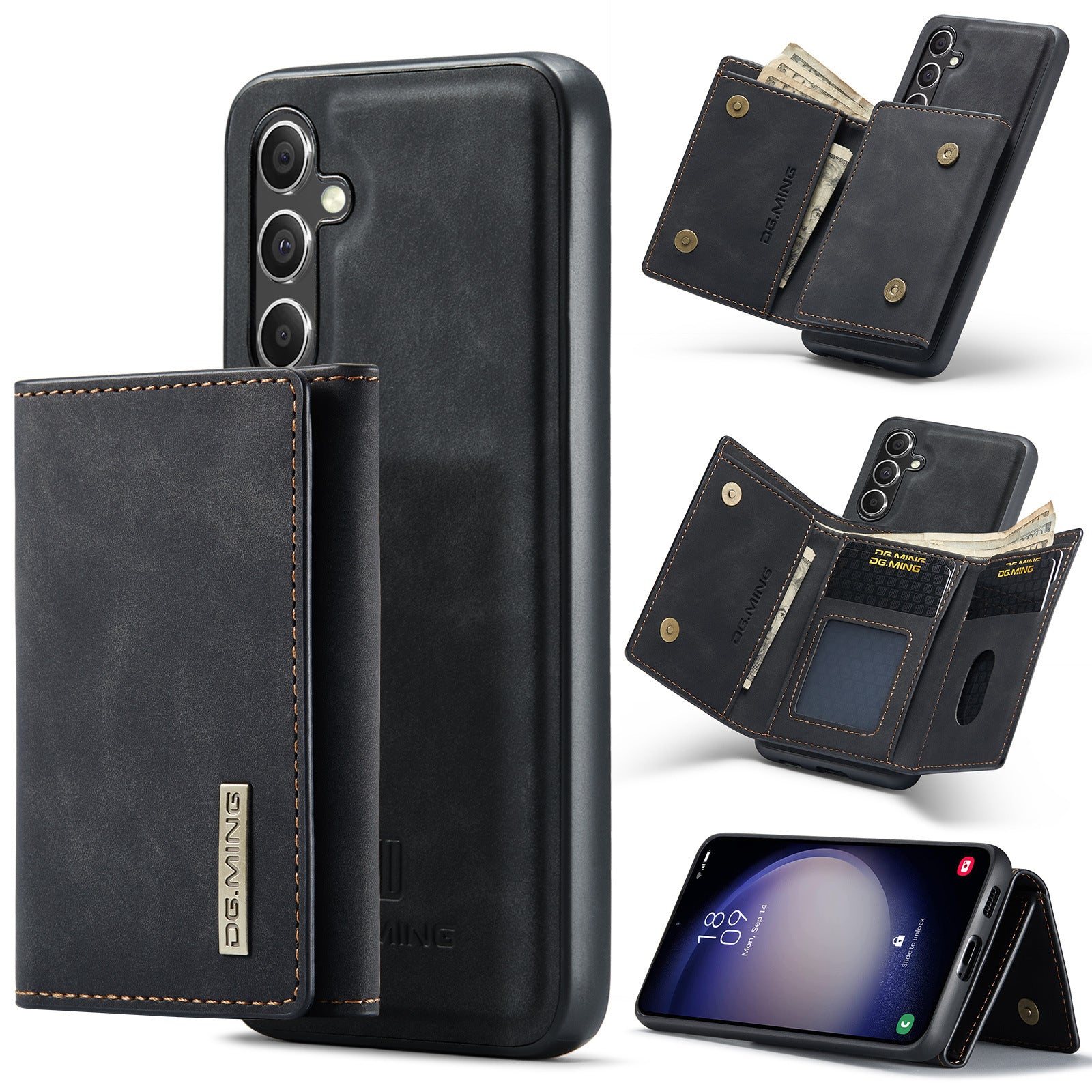 Split wallet phone case for multiple brands in black leather with card slots and a cash pocket