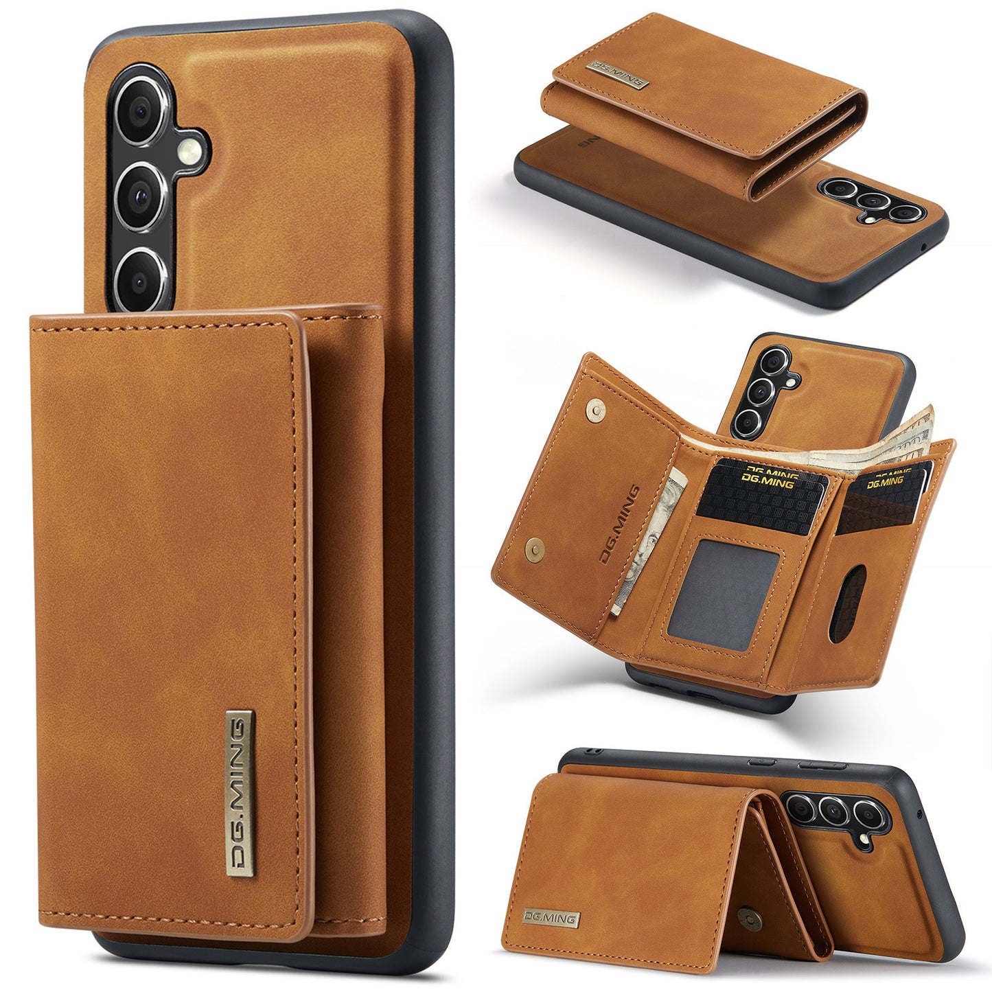 Split wallet phone case for multiple brands in brown with card slots and a cash pocket